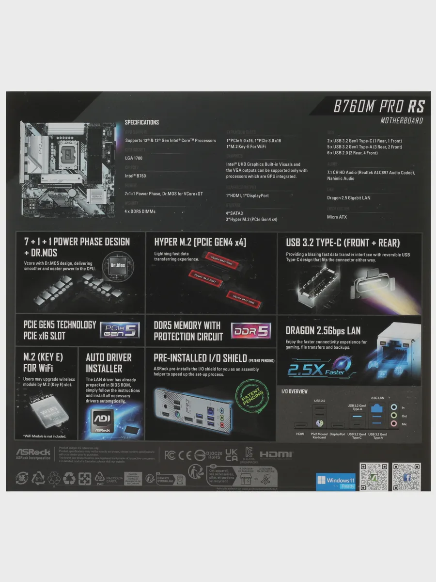 Материнская плата ASRock B760M Pro RS, LGA 1700, Micro-ATX — фото 9 из 10