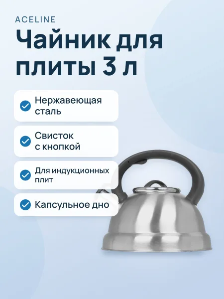 Фото товара Чайник для плиты Aceline TS-300 3 л, нержавеющая сталь, серебристый