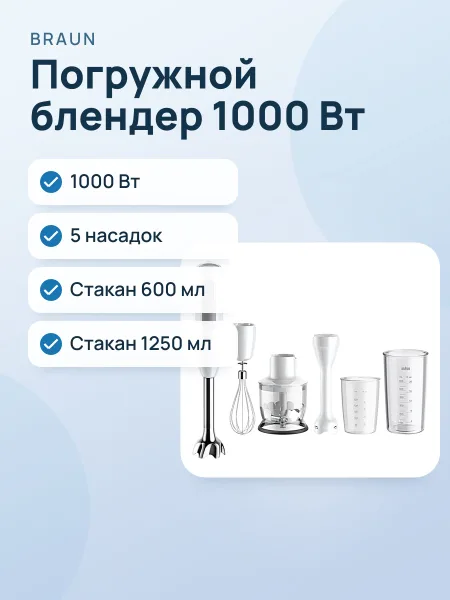 Фото товара Погружной блендер Braun MQ50220MWH, 1000 Вт
