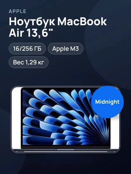 Фото товара Ноутбук Apple MacBook Air M3 13/16/256GB Midnight