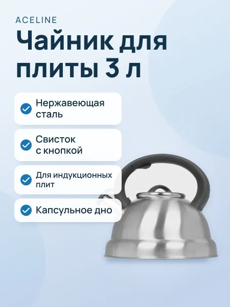 Фото товара Чайник для плиты Aceline TS-300 3 л, нержавеющая сталь, серебристый