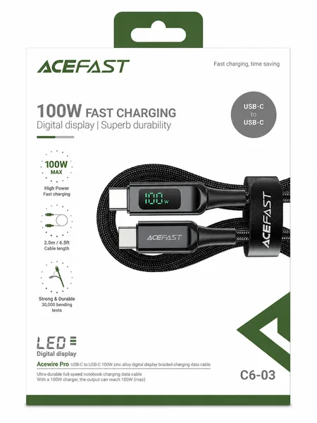 Фото товара Кабель ACEFAST C6-03 USB-C to USB-C 100W Digital Display Braided Cable Black