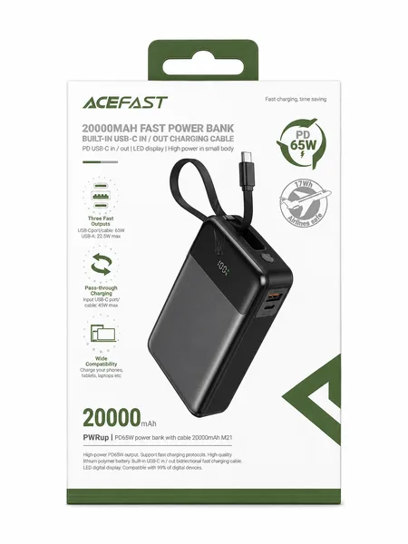 Фото товара Внешний аккумулятор ACEFAST M21 20000 mAh 65W PD Built-in USB-C Cable Black