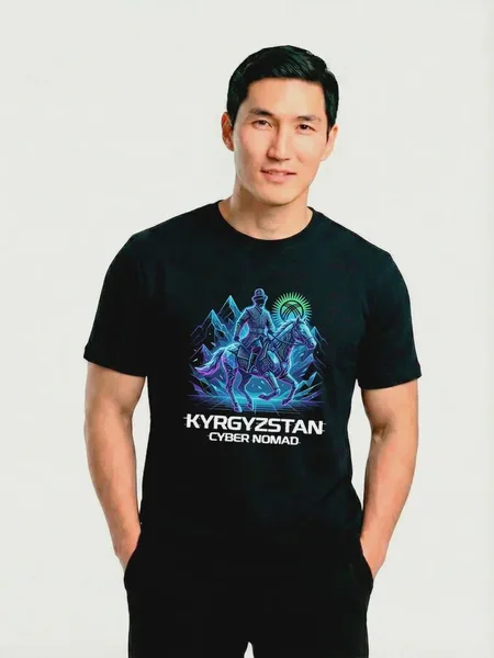 Фото товара Футболка мужская унисекс базовая чёрная S с принтом «Cyber Nomad Kyrgyztan»