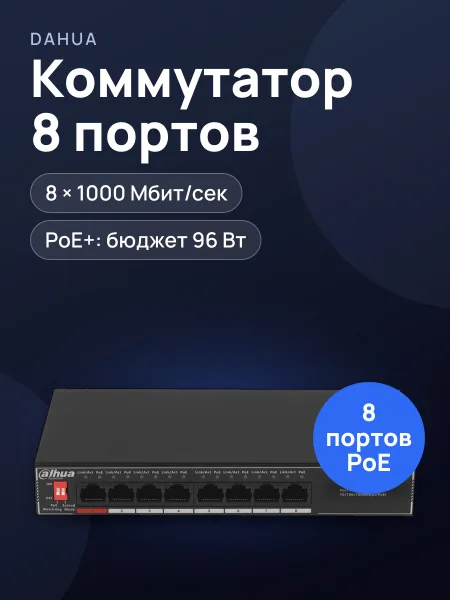 Фото товара Коммутатор Dahua DH-SG1008P 8 x RJ-45х10/100/1000 Мбит/сек
