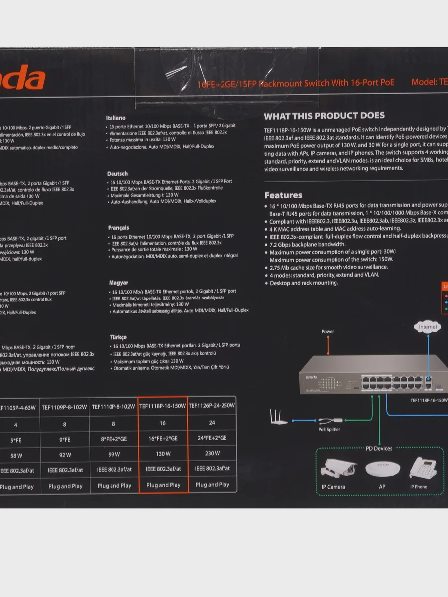 Коммутатор Tenda TEF1118P-16-150W 17 x RJ-45, 1 x Combo-portsх1000 Мбит/сек, 100 Мбит/сек — фото 9 из 10