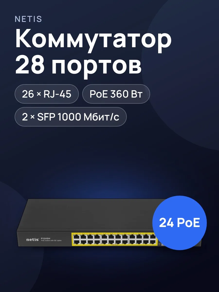 Коммутатор NETIS P124GH 26 x RJ-45, 2 x SFPх1000 Мбит/сек, 100 Мбит/сек — фото 1 из 8