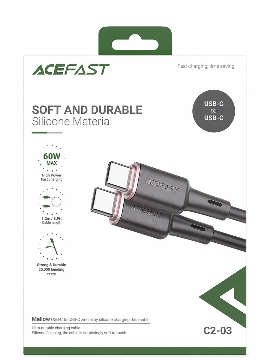 Кабель ACEFAST C2-03 Mello USB-C to USB-C 60W 1.2m Silicone Material Black — фото 2 из 4