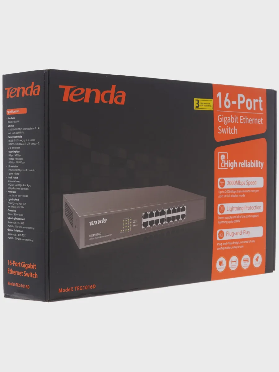 Коммутатор Tenda TEG1016D 16 x RJ-45х1000 Мбит/сек, 100 Мбит/сек — фото 9 из 9