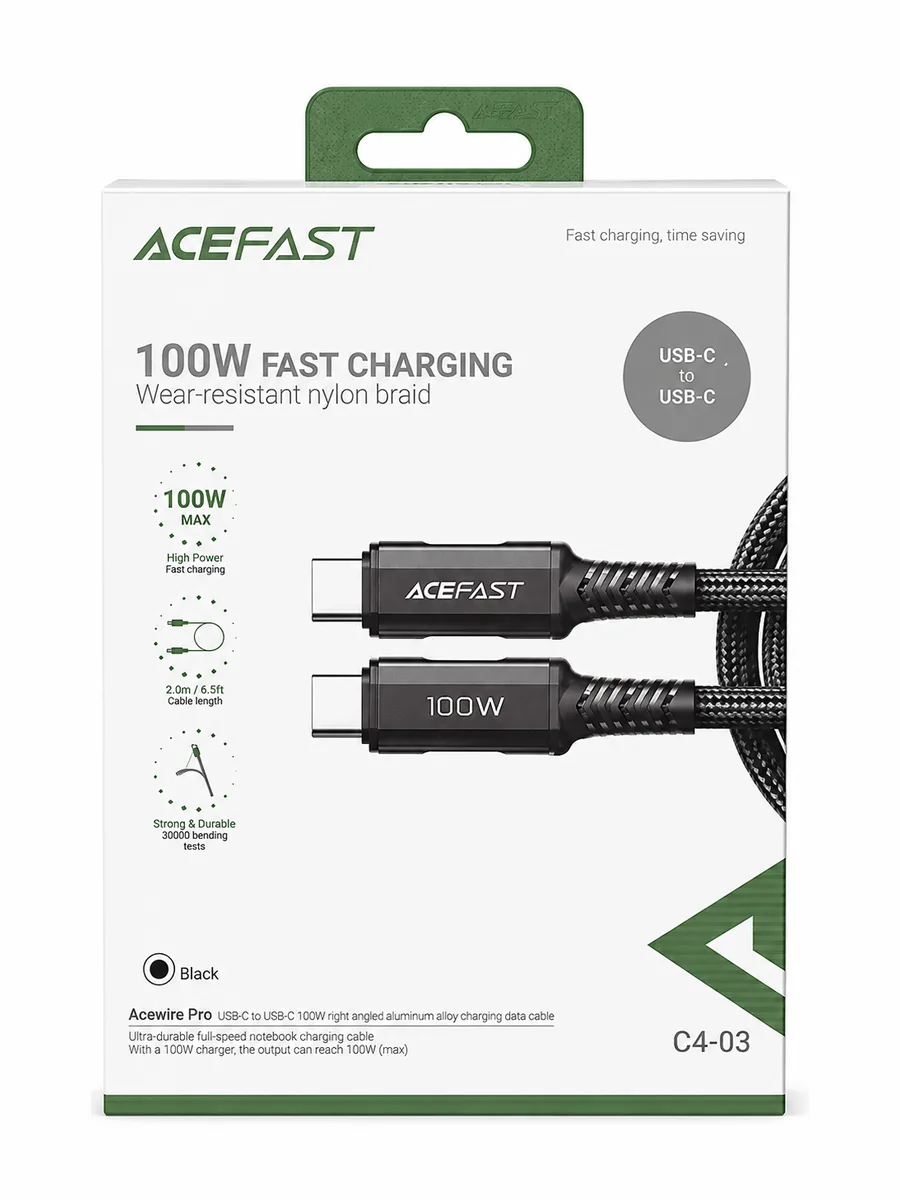 Кабель Acefast C4-03 Pro USB-C to USB-C 100W Nylon Braid 2м Черный — фото 2 из 4
