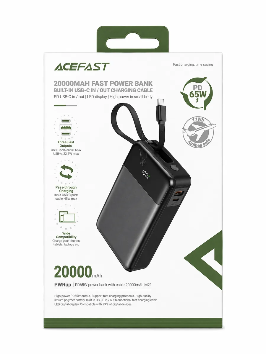 Внешний аккумулятор ACEFAST M21 20000 mAh 65W PD Built-in USB-C Cable Black — фото 1 из 3