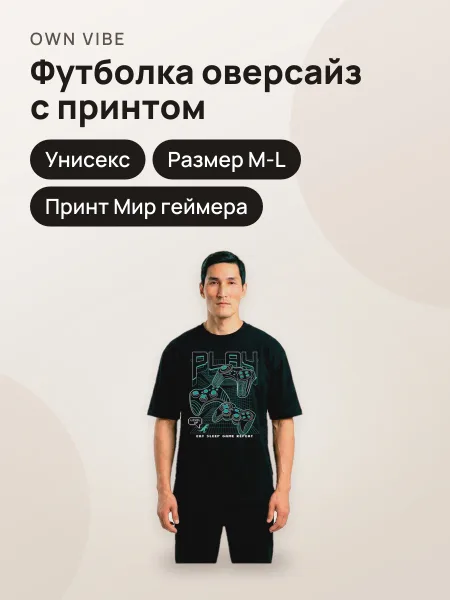 Фото товара Футболка мужская унисекс оверсайз черная с принтом «Мир геймера»