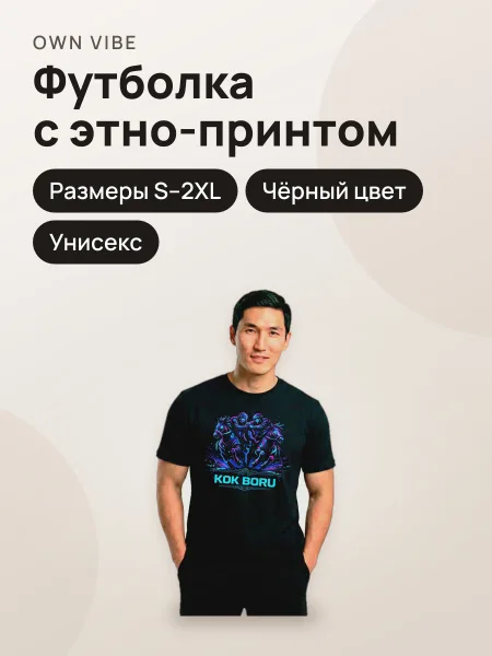 Фото товара Футболка базовая мужская унисекс чёрная с этно-принтом «Көк Бөрү»