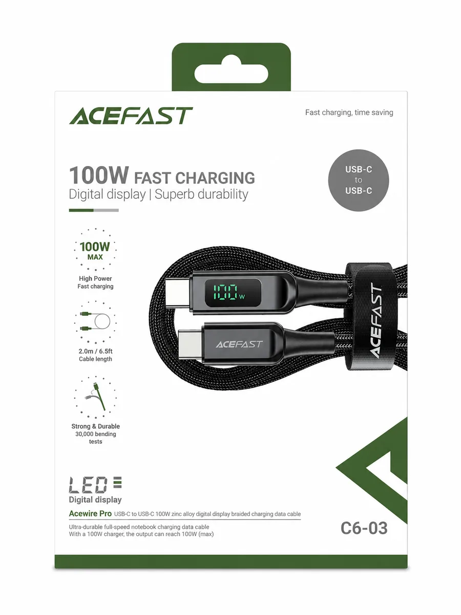 Кабель ACEFAST C6-03 USB-C to USB-C 100W Digital Display Braided Cable Black — фото 1 из 4