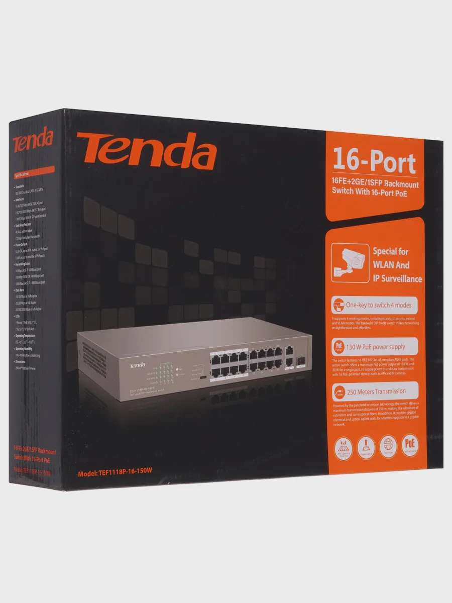 Коммутатор Tenda TEF1118P-16-150W 17 x RJ-45, 1 x Combo-portsх1000 Мбит/сек, 100 Мбит/сек — фото 10 из 10