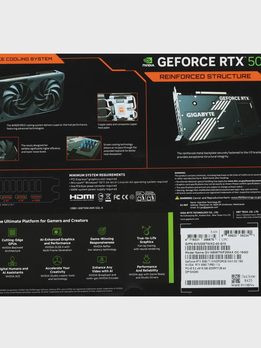 Видеокарта GIGABYTE GeForce RTX 5060 Ti WINDFORCE MAX OC 16 ГБ GDDR7 2587 МГц — фото 10 из 11