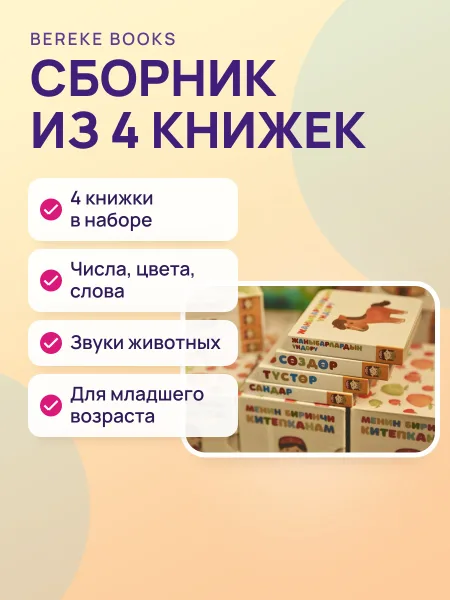 Фото товара Книга Bereke Books "Менин биринчи китепканам" сборник из 4-х книжек для детей младшего возраста "Сандар" "Түстөр" "Жаныбарлардын үндөрү" "Сөздөр"