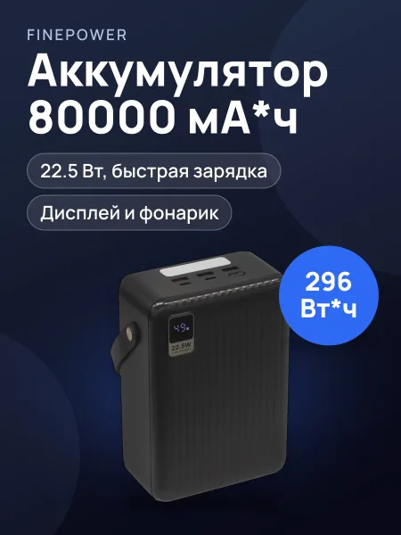 Фото товара Портативный аккумулятор FinePower Giant 80, 80000 мА*ч, 22.5 Вт