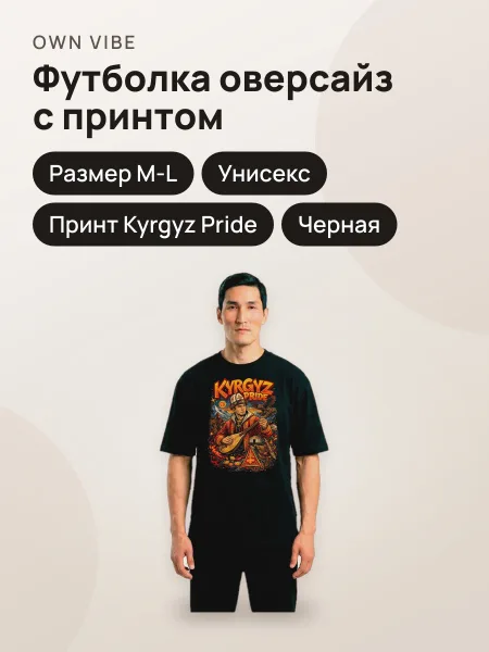 Фото товара Футболка мужская унисекс оверсайз черная с принтом «Kyrgyz Pride»