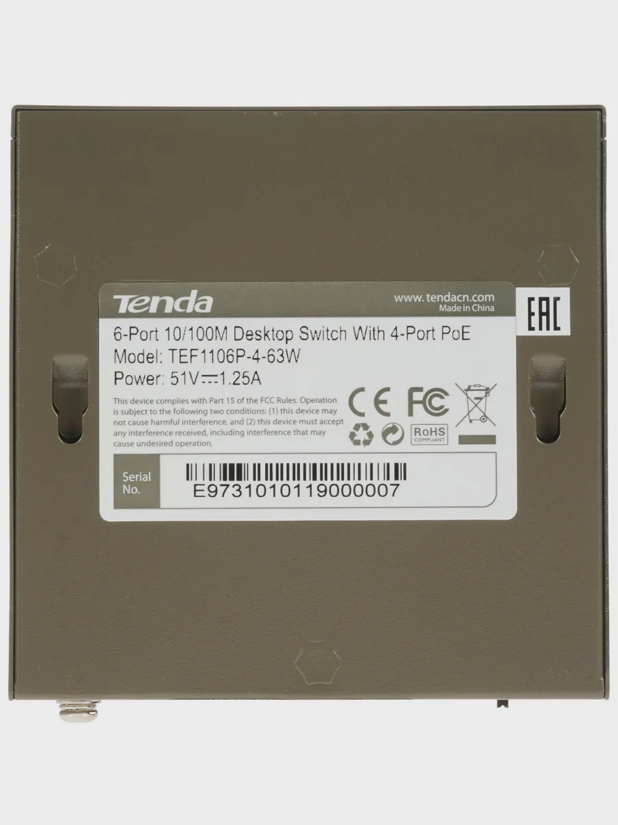 Коммутатор Tenda TEF1106P-4-63W 6 x RJ-45х100 Мбит/сек — фото 6 из 8