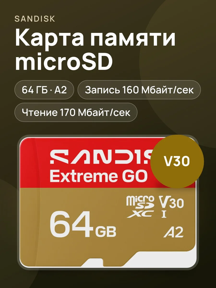 Карта памяти SanDisk Extreme Go microSD 64 ГБ A2, UHS Class 3, Video Class 30 — фото 1 из 5