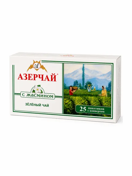 Фото товара Чай Азерчай зелёный байховый с жасмином пакет. с конв. 1,8гр*25п