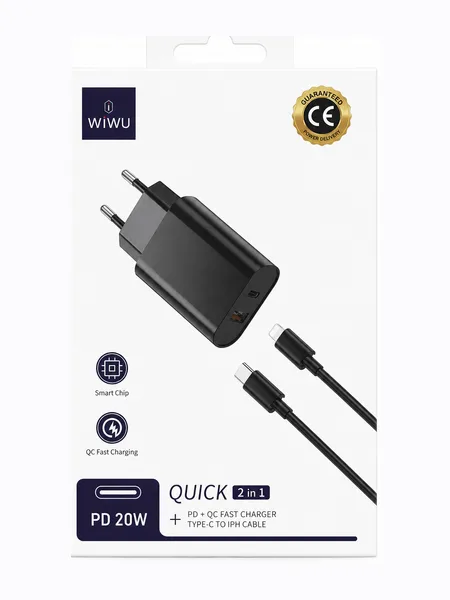 Фото товара Зарядное устройство WiWU QUICK 2 in 1 PD 20W + Type-C to Lightning Cable Чёрный