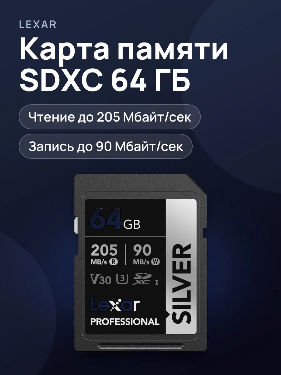 Карта памяти Lexar Professional SDXC UHS Class 3, Video Class 30 Silver — фото 1 из 7