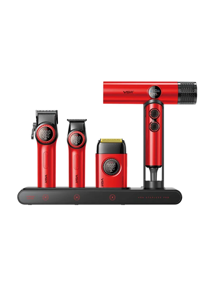 Профессиональный набор для стрижки VGR UPER POWER RAX.007 Stepless Pro 4-в-1 Professional Barber Set машинка триммер и фен — фото 2 из 3