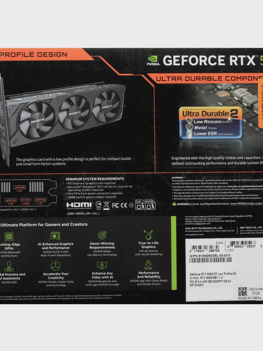 Видеокарта GIGABYTE GeForce RTX 5060 D7 Low Profile 8 ГБ GDDR7 2497 МГц — фото 10 из 11