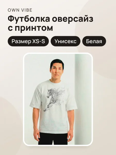 Фото товара Футболка мужская унисекс оверсайз белая с принтом «Дух степи»