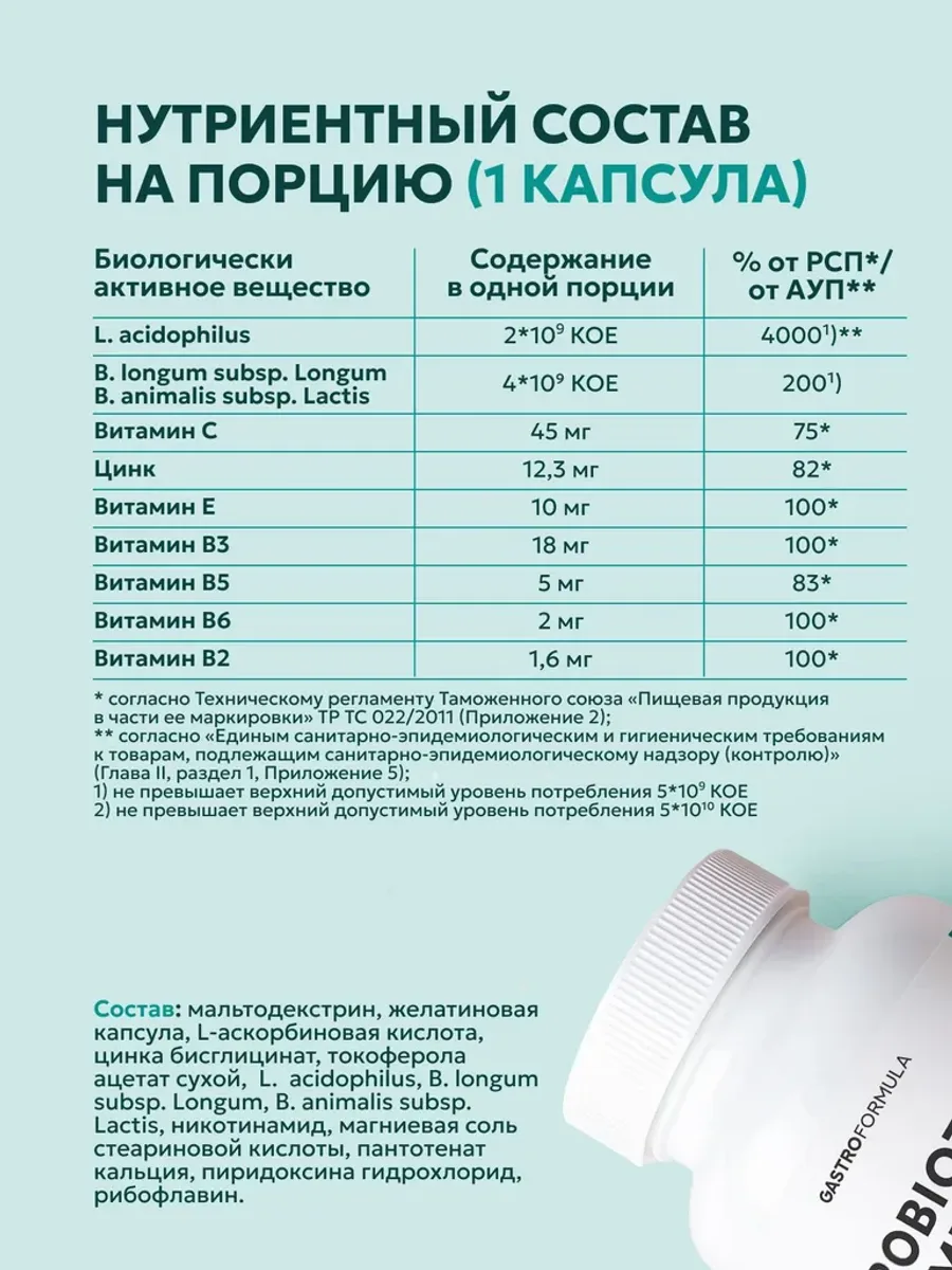 Комплекс пребиотиков и пробиотиков GASTRO FORMULA Complex Probiotic & Prebiotic, 60 капсул — фото 2 из 3