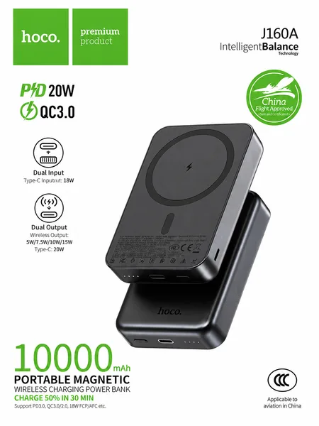 Фото товара Внешний аккумулятор HOCO J160A Portable Magnetic Wireless Charging Power Bank 10000 mAh Black