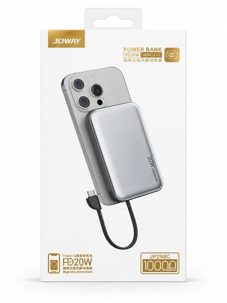 Фото товара Внешний аккумулятор JOWAY JP298C Magnetic Power Bank 10000 mAh 20W Silver